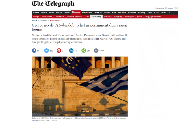 Telegraph: Διαγραφή χρέους 100 δισ. ευρώ χρειάζεται η Ελλάδα